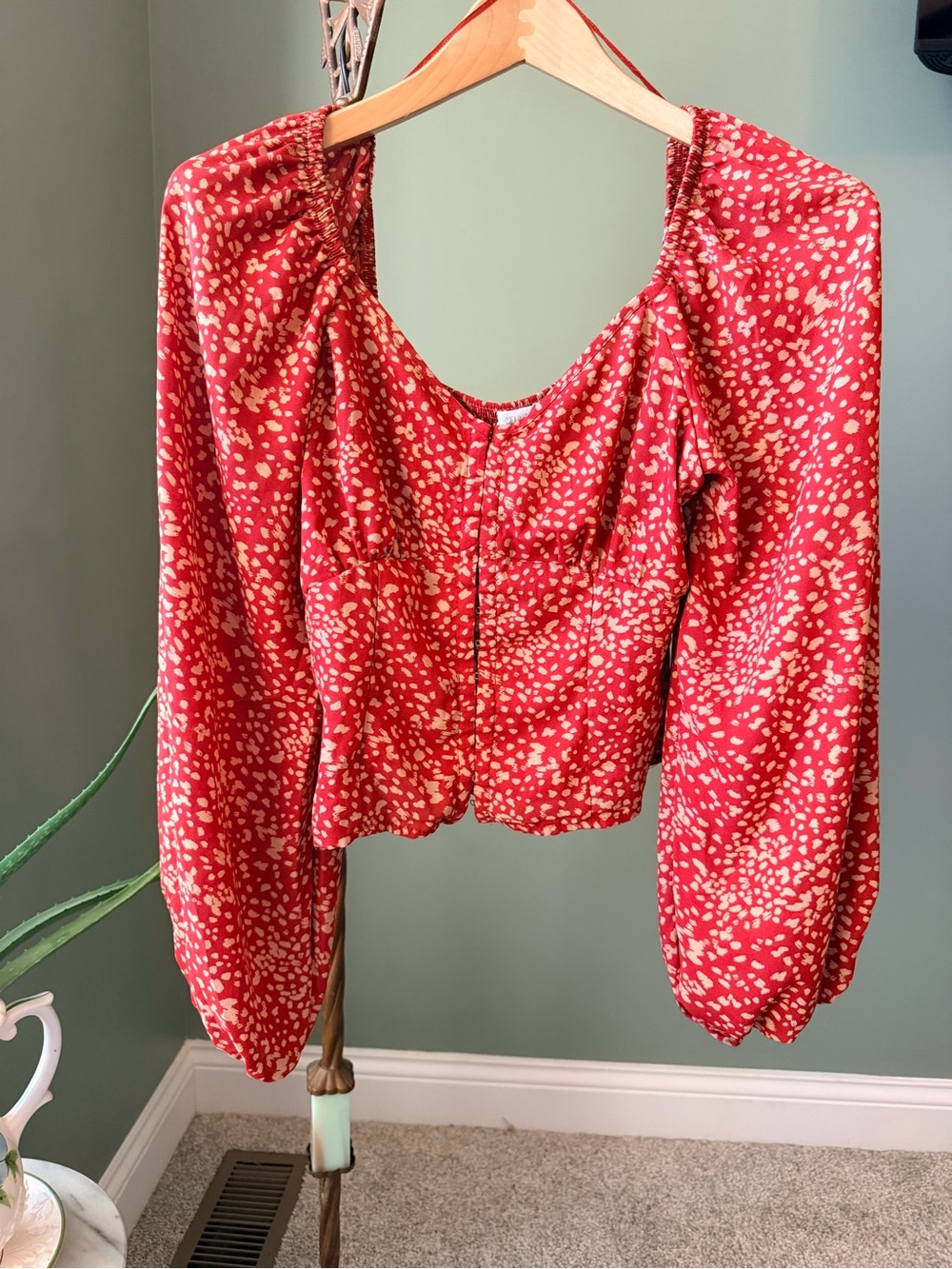 Sienna Sky Red Print Smocked Corset Top Puff Sleeve Blouse M